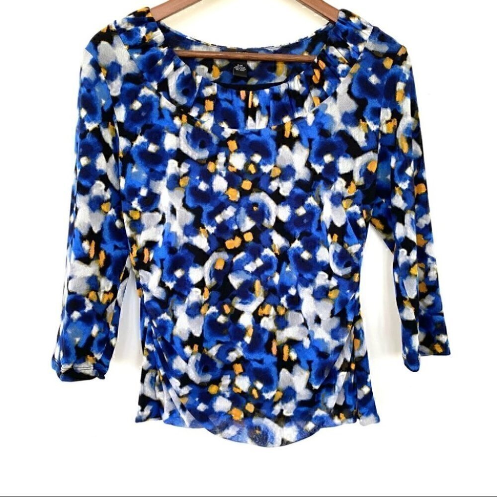 Alfani stretch ruched top with crew neck and 3/4 length sleeves, petite size